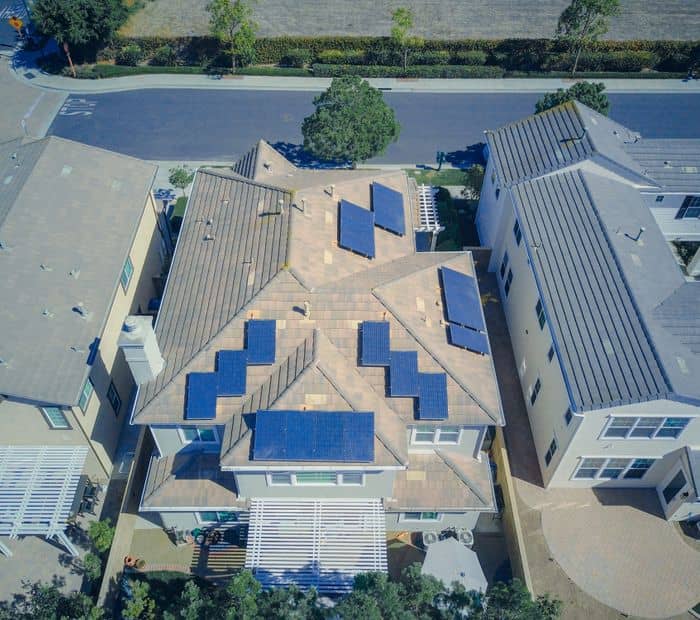 Aerial view of homes with rooftop solar